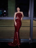 Burgundy Strapless Sequin Rose Flowers Prom Dress Mermaid Long Evening Dress Y8595