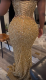 Luxurious Gold Sequins Appliques Evening Dress Mermaid Prom Dress Y7880