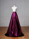 Classy Halter Purple Beaded Satin A Line Prom Dress Long Evening Dress Y8609