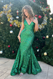Glitter V-Neck Green Long Mermaid Prom Dress Green Evening Dress Y6205