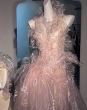 Fairy Pink Tulle Beaded Prom Dress Long Backless Evening Dress Y8564