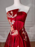 Gorgeous Red Satin Sequin Embroidery A Line Prom Dress Strapless Evening Dress Y8631