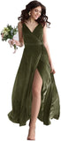 Velvet V Neck Bridesmaid Dress Long Women's Prom Formal Party Gown with Slit