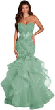 Women's Lace Applique Tulle Prom Dresses Long Mermaid Ruffles Sparkly Formal Evening Party Gown