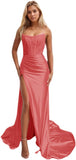 Women's Satin Lace Mermaid Prom Dresses Long with Slit 2025 Strapless Formal Evening Party Gown