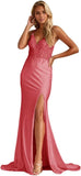 Women's Lace Applique Mermaid Prom Dresses Long with Slit Stretchy Satin V Neck Formal Evening Gown