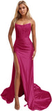 Women's Satin Lace Mermaid Prom Dresses Long with Slit 2025 Strapless Formal Evening Party Gown