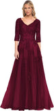 Women's V-Neck 3/4 Sleeve Mother of The Bride Dress A-line Tulle Lace Appliques Long Formal Party Dress QA117