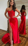 Women's Satin Lace Mermaid Prom Dresses Long with Slit 2025 Strapless Formal Evening Party Gown