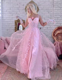 Lace Applique Tulle Prom Dresses for Women 2025 Spaghetti Straps Ball Gown Formal Evening Party Gown with Slit