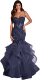Women's Lace Applique Tulle Prom Dresses Long Mermaid Ruffles Sparkly Formal Evening Party Gown