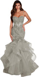 Women's Lace Applique Tulle Prom Dresses Long Mermaid Ruffles Sparkly Formal Evening Party Gown
