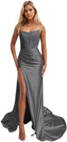 Women's Satin Lace Mermaid Prom Dresses Long with Slit 2025 Strapless Formal Evening Party Gown