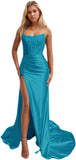 Women's Satin Lace Mermaid Prom Dresses Long with Slit 2025 Strapless Formal Evening Party Gown