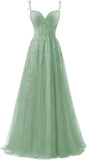 Lace Applique Tulle Prom Dresses for Women 2025 Spaghetti Straps Ball Gown Formal Evening Party Gown with Slit