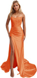 Women's Satin Lace Mermaid Prom Dresses Long with Slit 2025 Strapless Formal Evening Party Gown