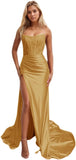 Women's Satin Lace Mermaid Prom Dresses Long with Slit 2025 Strapless Formal Evening Party Gown