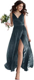 Velvet V Neck Bridesmaid Dress Long Women's Prom Formal Party Gown with Slit