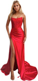 Women's Satin Lace Mermaid Prom Dresses Long with Slit 2025 Strapless Formal Evening Party Gown