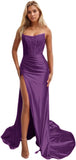 Women's Satin Lace Mermaid Prom Dresses Long with Slit 2025 Strapless Formal Evening Party Gown