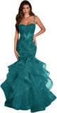 Women's Lace Applique Tulle Prom Dresses Long Mermaid Ruffles Sparkly Formal Evening Party Gown