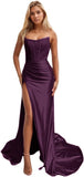 Women's Satin Lace Mermaid Prom Dresses Long with Slit 2025 Strapless Formal Evening Party Gown