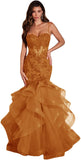 Women's Lace Applique Tulle Prom Dresses Long Mermaid Ruffles Sparkly Formal Evening Party Gown