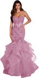 Women's Lace Applique Tulle Prom Dresses Long Mermaid Ruffles Sparkly Formal Evening Party Gown