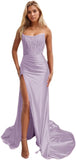 Women's Satin Lace Mermaid Prom Dresses Long with Slit 2025 Strapless Formal Evening Party Gown