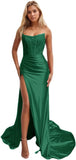 Women's Satin Lace Mermaid Prom Dresses Long with Slit 2025 Strapless Formal Evening Party Gown