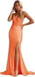 Women's Lace Applique Mermaid Prom Dresses Long with Slit Stretchy Satin V Neck Formal Evening Gown
