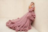 Ruffles Tulle Robe for Maternity Photoshoot Sheer Off Shoulder Maternity Robe Pregnant Baby Shower Prom Gown
