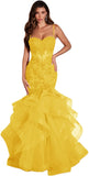 Women's Lace Applique Tulle Prom Dresses Long Mermaid Ruffles Sparkly Formal Evening Party Gown