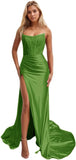 Women's Satin Lace Mermaid Prom Dresses Long with Slit 2025 Strapless Formal Evening Party Gown
