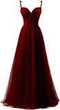 Lace Applique Tulle Prom Dresses for Women 2025 Spaghetti Straps Ball Gown Formal Evening Party Gown with Slit