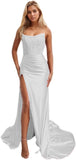 Women's Satin Lace Mermaid Prom Dresses Long with Slit 2025 Strapless Formal Evening Party Gown