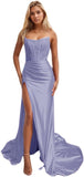 Women's Satin Lace Mermaid Prom Dresses Long with Slit 2025 Strapless Formal Evening Party Gown