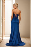 Women's Satin Lace Mermaid Prom Dresses Long with Slit 2025 Strapless Formal Evening Party Gown