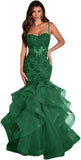 Women's Lace Applique Tulle Prom Dresses Long Mermaid Ruffles Sparkly Formal Evening Party Gown