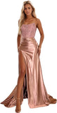 Women's Satin Lace Mermaid Prom Dresses Long with Slit 2025 Strapless Formal Evening Party Gown
