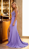 Women's Lace Applique Mermaid Prom Dresses Long with Slit Stretchy Satin V Neck Formal Evening Gown