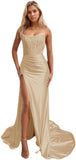 Women's Satin Lace Mermaid Prom Dresses Long with Slit 2025 Strapless Formal Evening Party Gown