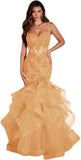 Women's Lace Applique Tulle Prom Dresses Long Mermaid Ruffles Sparkly Formal Evening Party Gown