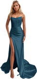 Women's Satin Lace Mermaid Prom Dresses Long with Slit 2025 Strapless Formal Evening Party Gown