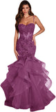Women's Lace Applique Tulle Prom Dresses Long Mermaid Ruffles Sparkly Formal Evening Party Gown