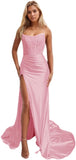Women's Satin Lace Mermaid Prom Dresses Long with Slit 2025 Strapless Formal Evening Party Gown
