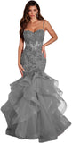 Women's Lace Applique Tulle Prom Dresses Long Mermaid Ruffles Sparkly Formal Evening Party Gown