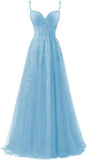 Lace Applique Tulle Prom Dresses for Women 2025 Spaghetti Straps Ball Gown Formal Evening Party Gown with Slit