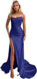 Women's Satin Lace Mermaid Prom Dresses Long with Slit 2025 Strapless Formal Evening Party Gown