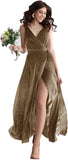 Velvet V Neck Bridesmaid Dress Long Women's Prom Formal Party Gown with Slit